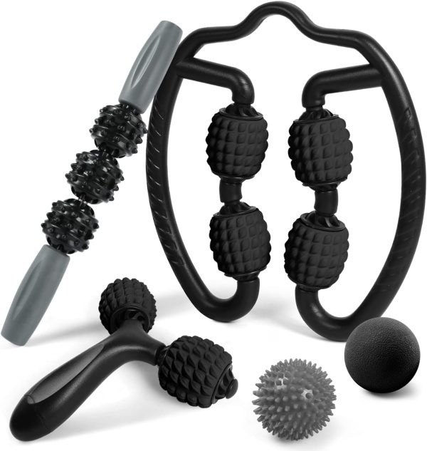 Massage Set - 360 Trigger Point, Muscle Roller Stick, Y Shaped Handheld, 2 Massage Balls for Legs, Arms - Myofascial & Deep Tissue Pain Relief - Black