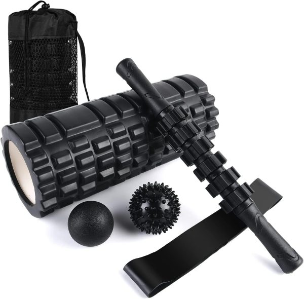 6 in1 Foam Roller Set, Trigger Point Foam Roller, Yoga Stick, Massage Ball, Fixation Ball, Fitness Stretching Strap, Carrying Bag, Towel for Deep Muscle Massage Pilates Yoga