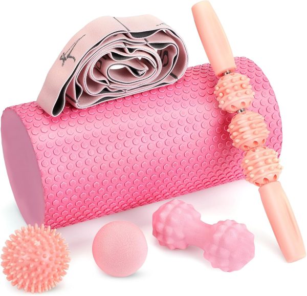 6 Pcs Pink Foam Roller Set Includes Peanut Massage Ball, Back Roller, Massage Roller Stick, 2 Foot Stretching Strap, and Fasciitis Ball for Christmas Gift Exercise Physical Body Therapy Yoga Massager